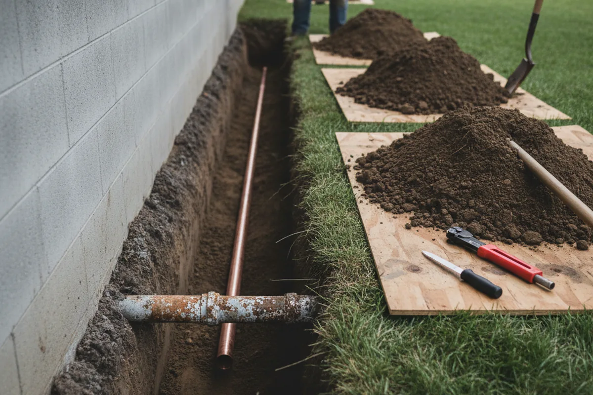 Excavated water line trench during Sewer Line Repair in Delano